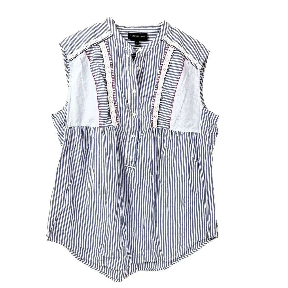 Lane Bryant Blue Stripe Sleeveless Button Front Top